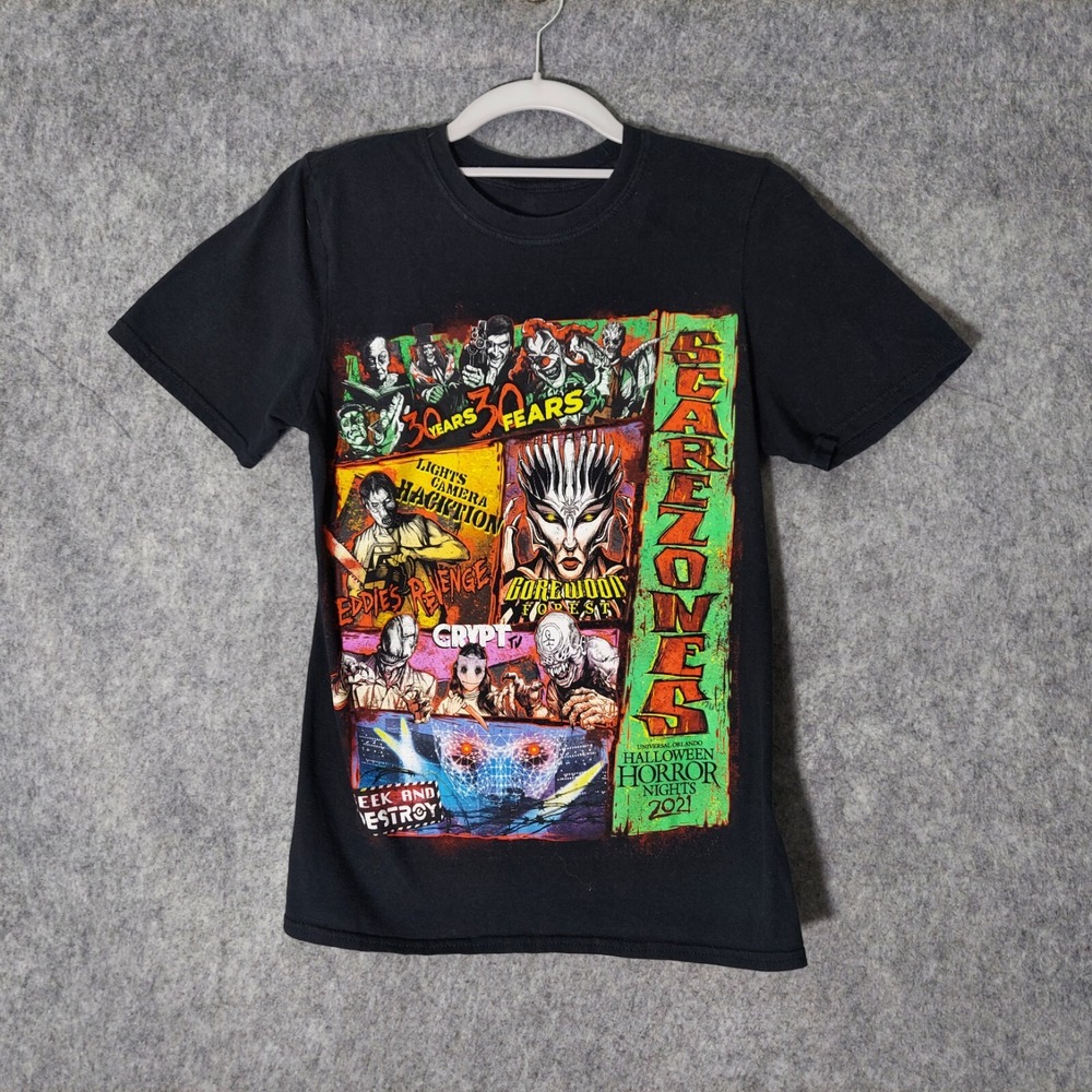 2021 Halloween Horror Nights Shirt XS Graphic Black 30 years Fears Short Sleeve